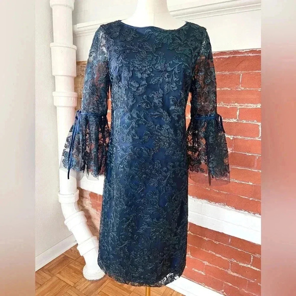 Theia Blue Party Dresss with Metallic Embroidered Black Net Overlay Bell Sleeve - Picture 1 of 13